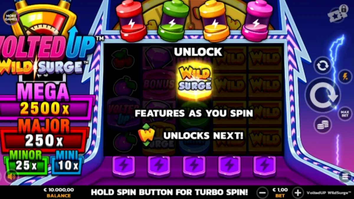 Interface do slot VoltedUP WildSurge com elementos neon e símbolos clássicos